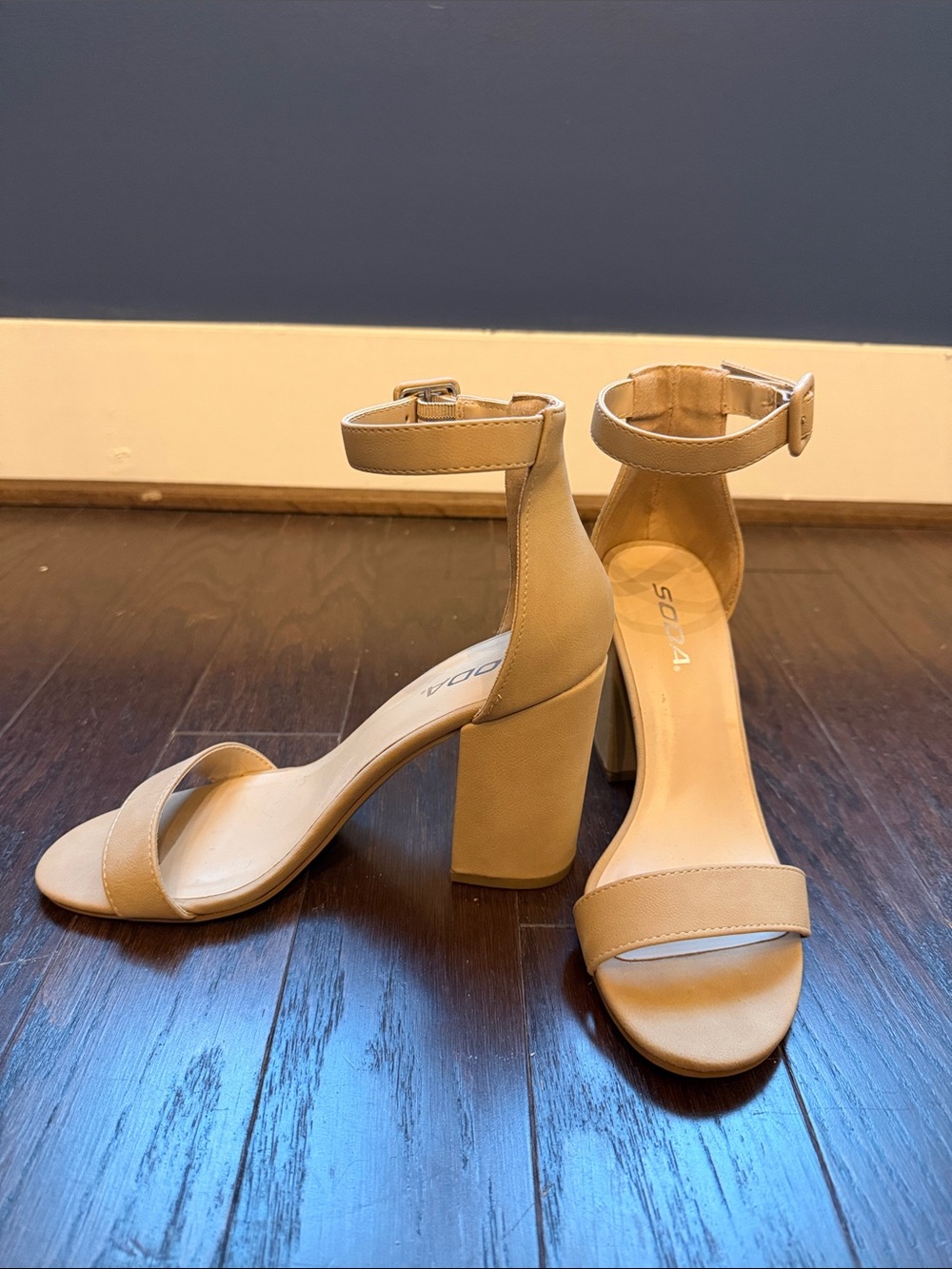 Soda Neutral Beige Ankle-Strap Block Heel Sandals